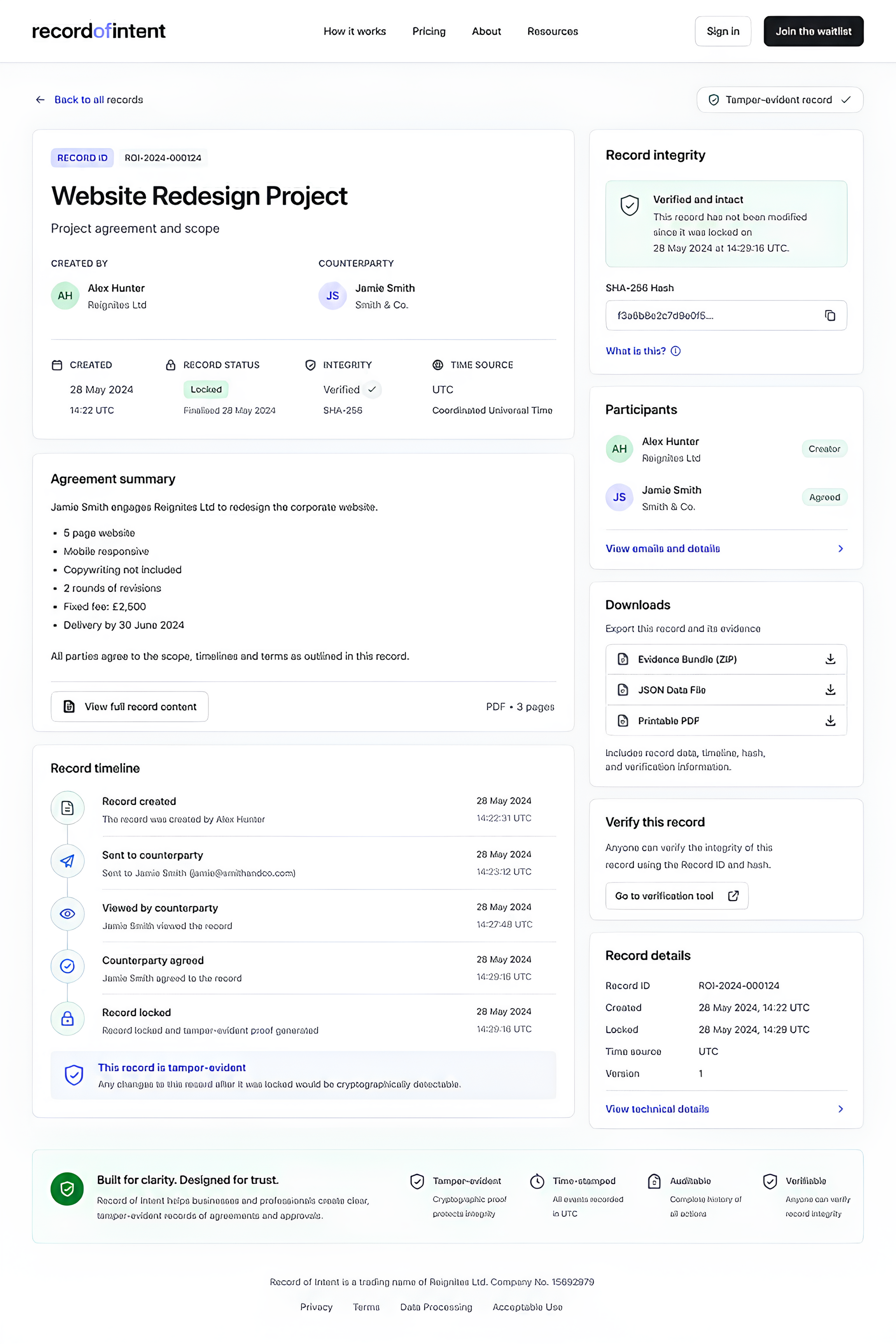 A Record of Intent record page showing the record ID, title, agreement summary, participants, integrity panel, and full activity timeline.